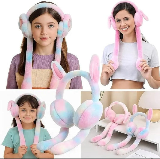 Cute Bunny Cap Headphone Plush Ear Muff Winter Headwear for Women & Girls – Soft Warm Cartoon Style (Random Color)