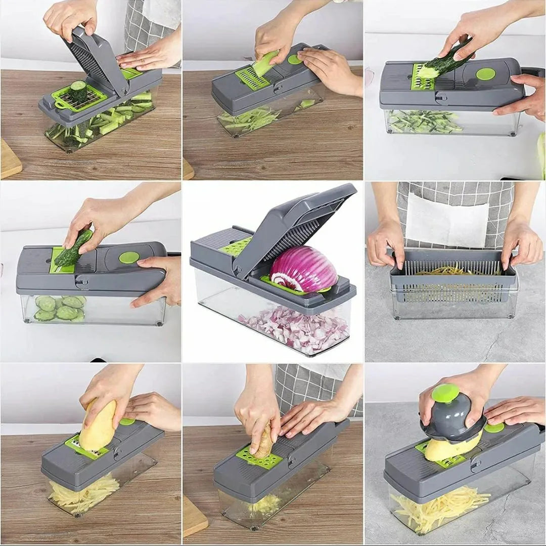 16-In-1 Multifunctional Vegetable Chopper & Slicer with Colander Basket and Storage Container – Heavy-Duty Food Cutter